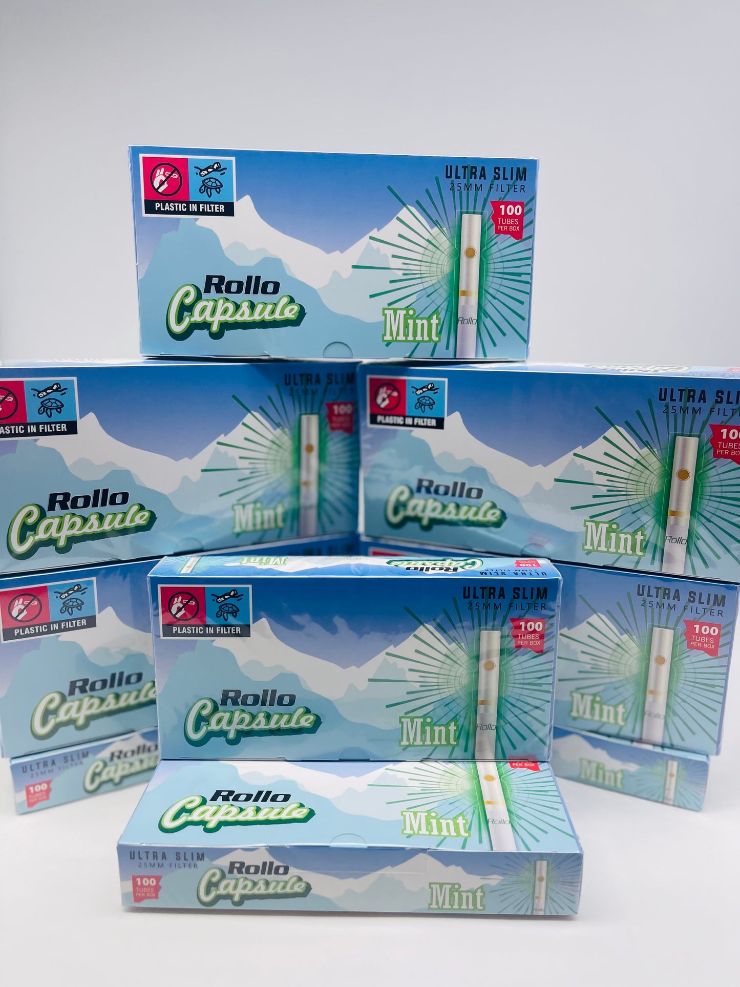 100 X Rollo Ultra Slim Pop Mint 25mm Filter Tubes. One pack of 100 Pop Capsule Tubes