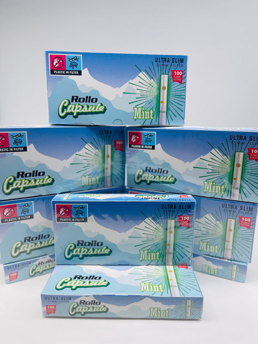 100 X Rollo Ultra Slim Pop Mint 25mm Filter Tubes. One pack of 100 Pop Capsule Tubes