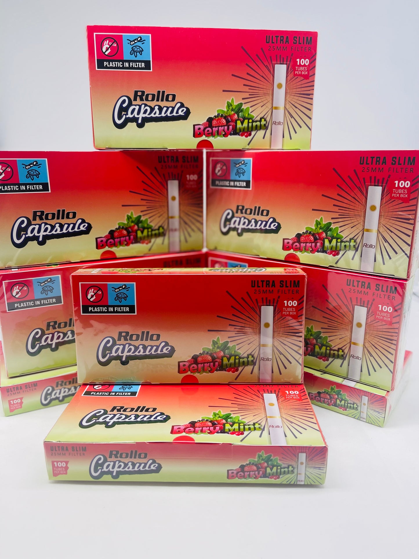 100 X Rollo Ultra Slim Pop Berry Mint 25mm Filter Tubes. One pack of 100 Pop CapsuleTubes