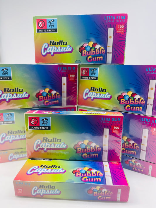 100 X Rollo Ultra Slim Pop Bubble Gum 25mm Filter Tubes. One pack of 100 Pop Capsule Tubes