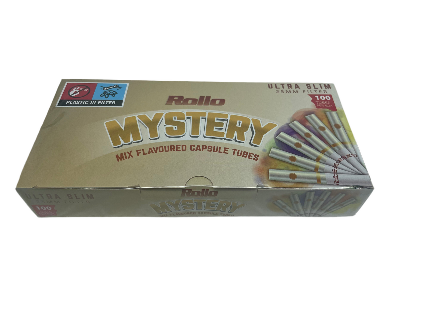 100 X Rollo Ultra Slim Mystery Pop Capsules (5 Mixed Flavours) 25mm Filters. One Pack of 100 Tubes