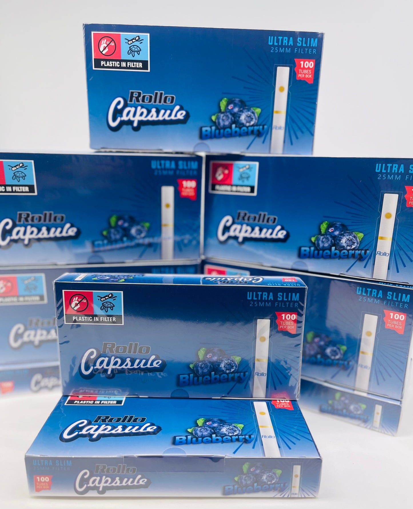 100 X Rollo Ultra Slim Pop Blueberry 25mm Filter Tubes. One pack of 100 Pop CapsuleTubes