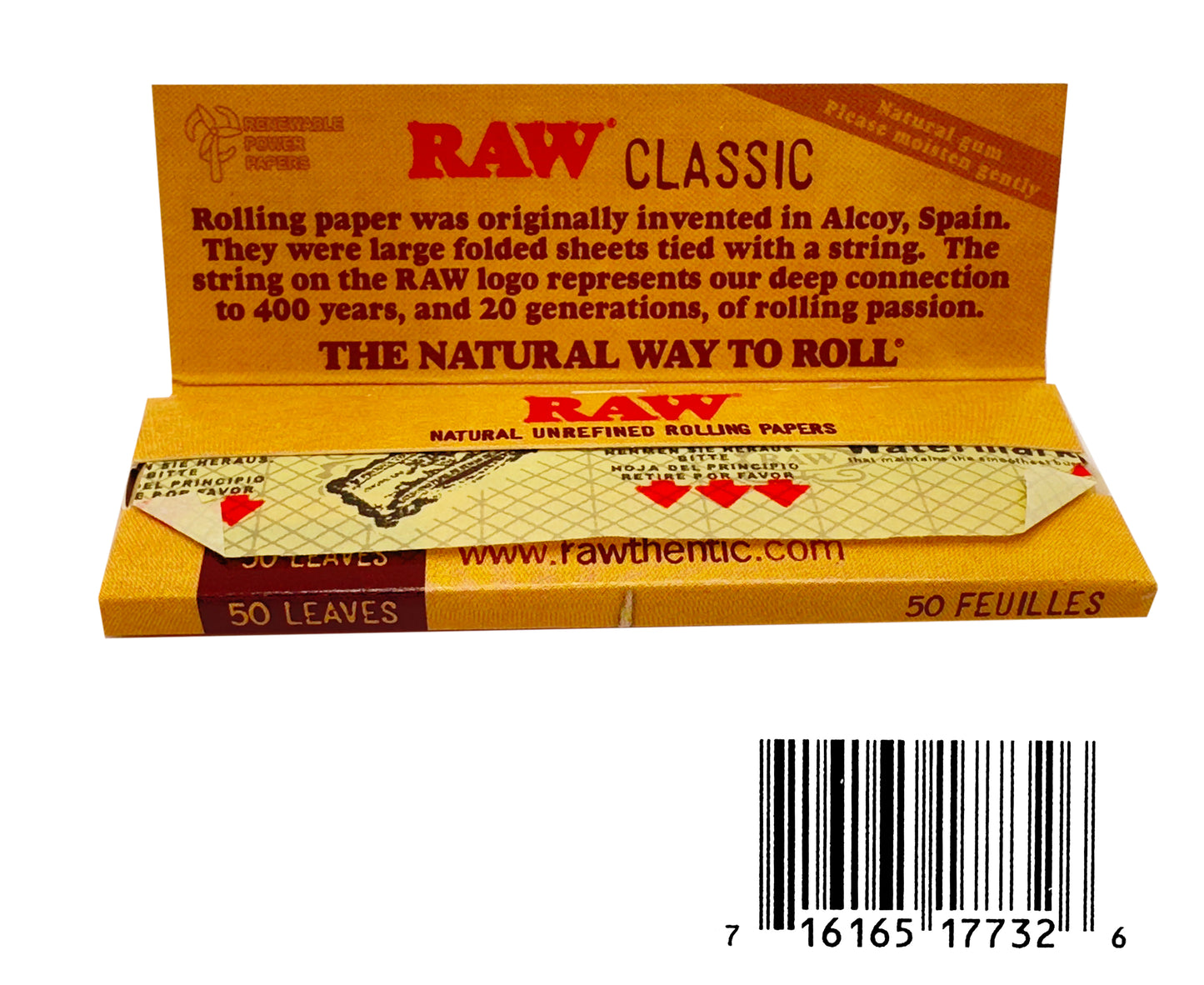 One Pack of Raw Classic Kingsize Slim Rolling Papers. 50 Booklets In A Pack