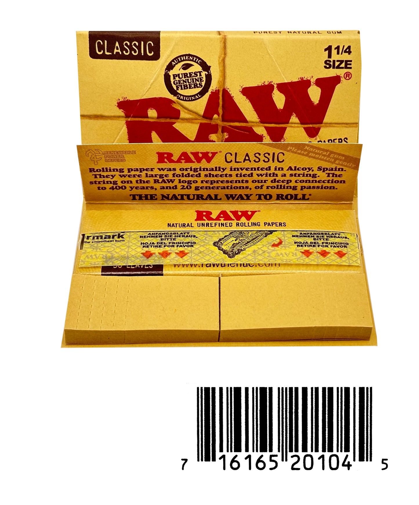 One Pack of Raw Classic 1-1/4 Size Rolling Papers + Tips. 24 in a pack