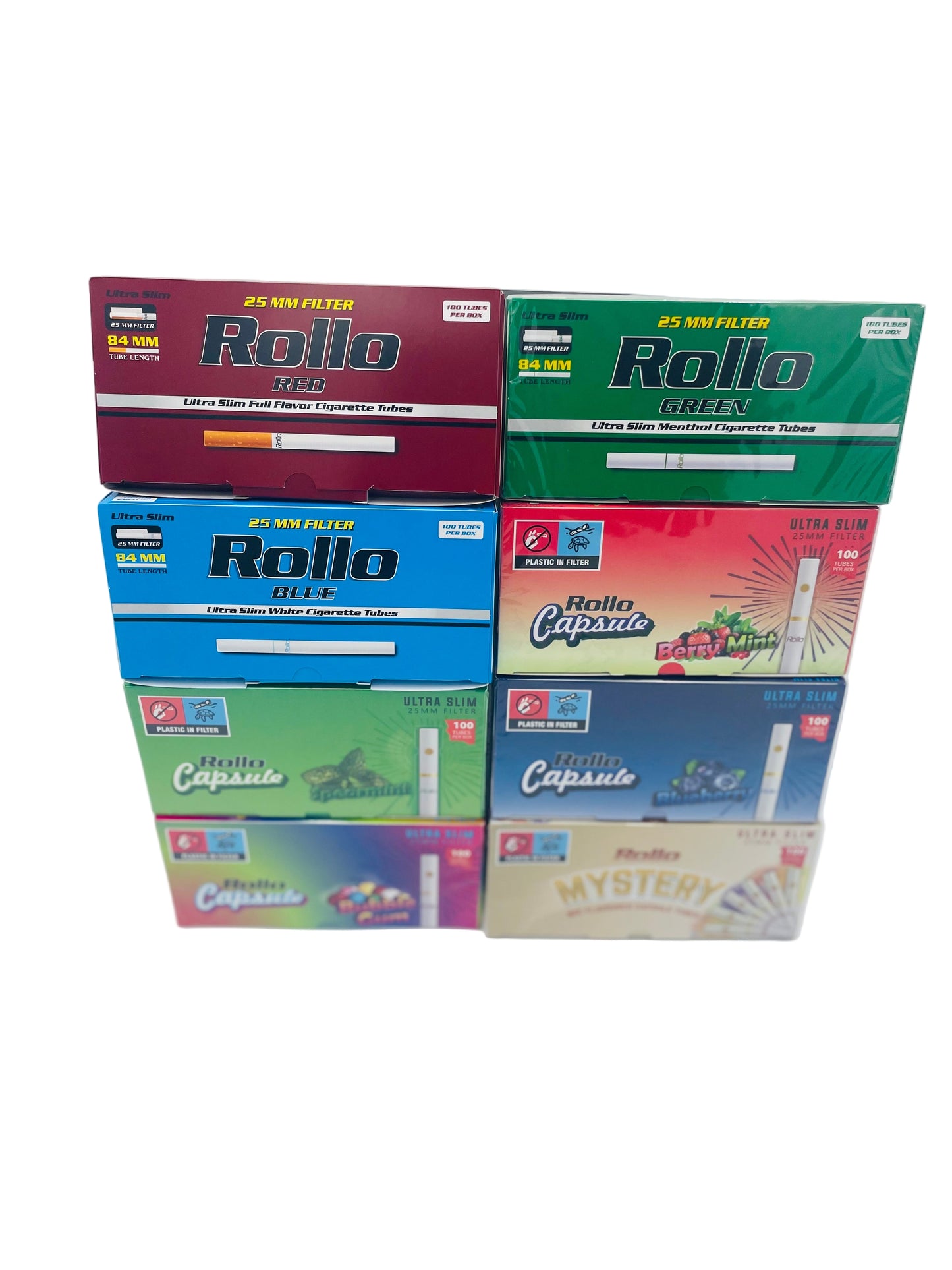 800 X Rollo Ultra Slim Pack. Contains Blueberry Mint, Berry Mint, Spearmint, Bubble Gum, Mixed Flavoured, Red, Blue and Menthol. 8 Packs