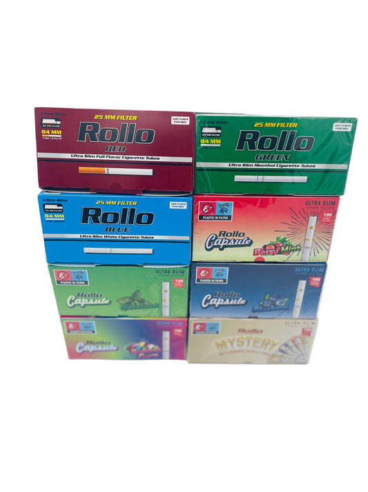 800 X Rollo Ultra Slim Pack. Contains Blueberry Mint, Berry Mint, Spearmint, Bubble Gum, Mixed Flavoured, Red, Blue and Menthol. 8 Packs