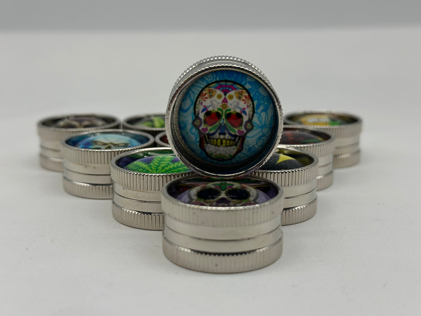 Small Mini Pocket Metal Herb Tobacco Grinder Hand Muller Smoke Crusher Spice. Designs selected randomly