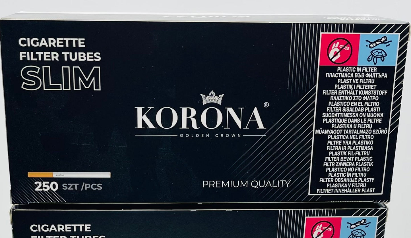 250 X Korona 6.5mm Ultra Slim Filter Tubes Premium Quality. 250 Tubes Per Pack