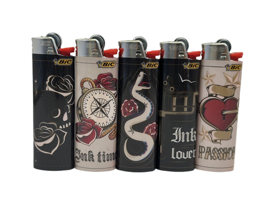 5 X Large BIC Lighters Multicoloured Tattoo. Designs Selected Randomly Total of 5 Lighters