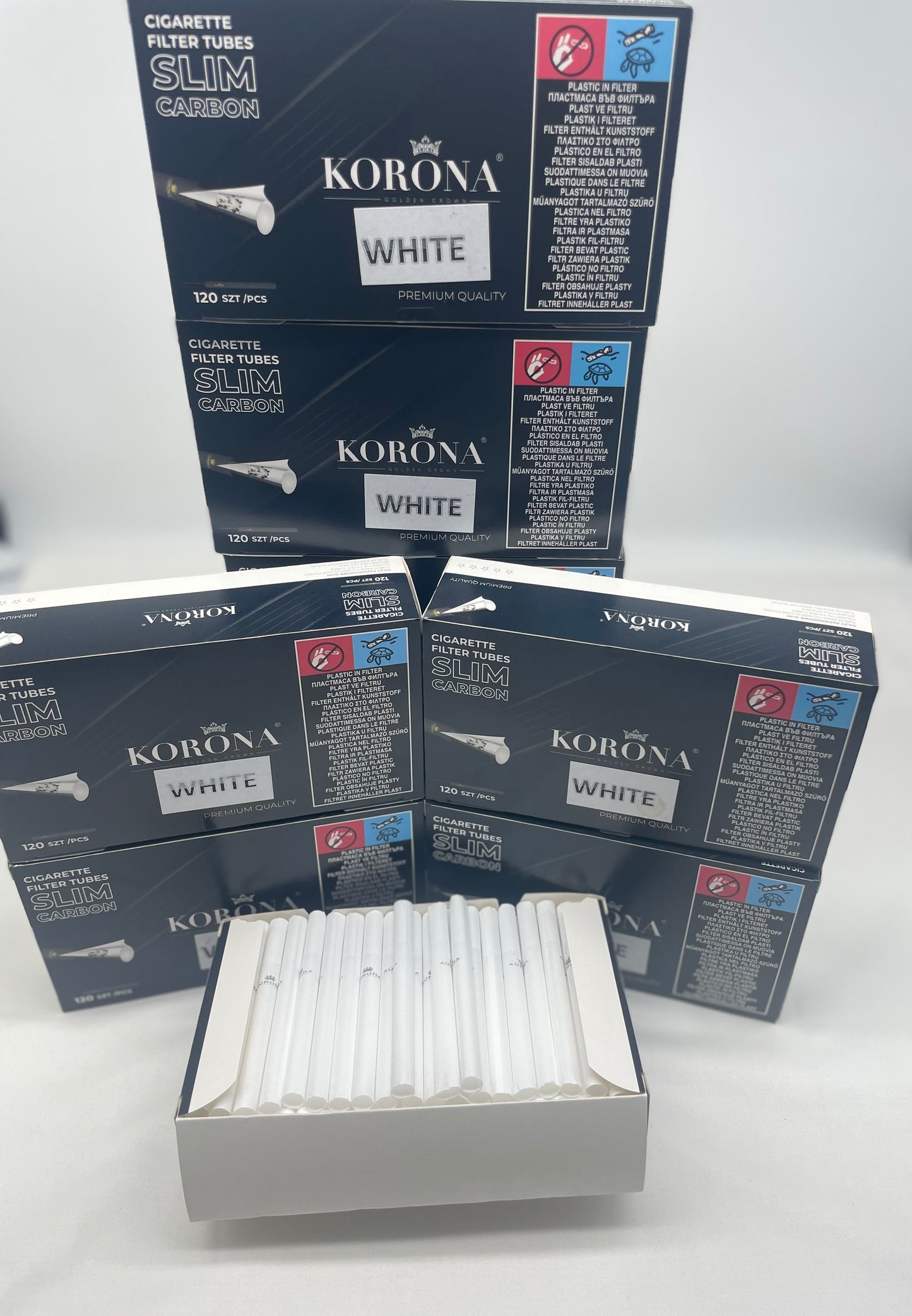 Slim Carbon White. One Pack of Korona Filter Tube Slim Carbon White. One Pack Has 120 Tubes