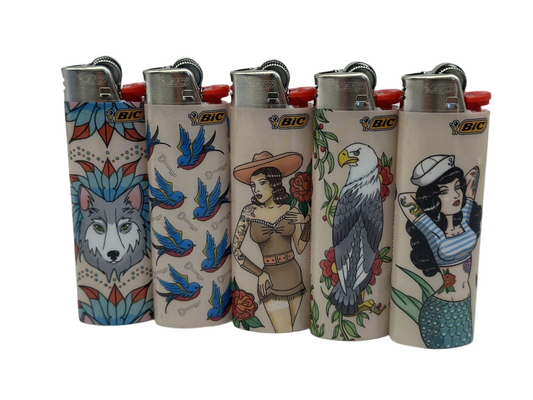 5 X Large BIC Lighters Multicoloured. Designs Selected Randomly Total of 5 Lighters