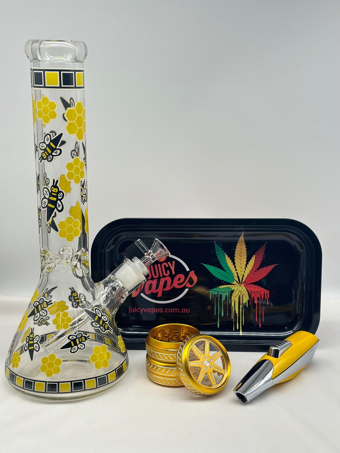 Glass Smoking Pipe Water Pourer+Jet Lighter+Grinder+Rolling Tray.Lighter Designs Selected Randomly