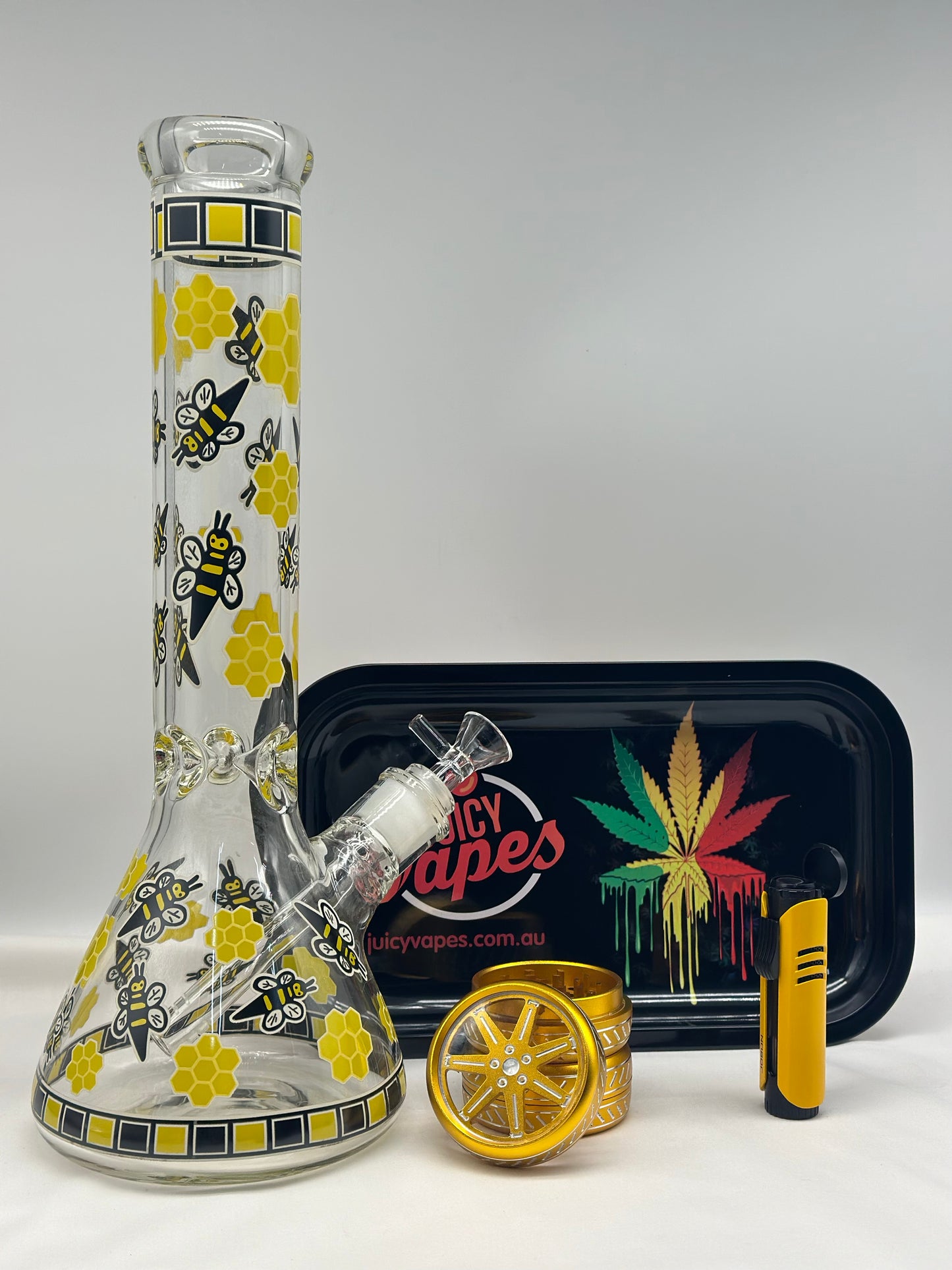 Glass Smoking Pipe Water Pourer+Jet Lighter+Grinder+Rolling Tray.Lighter Designs Selected Randomly