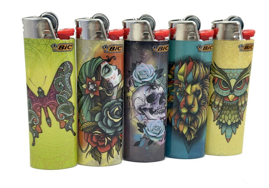 5 X Large BIC Lighters Multicoloured Tattoo. Designs Selected Randomly Total of 5 Lighters