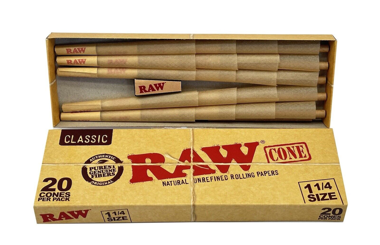 One Pack of Raw Classic 1-1/4 Size Pre-Rolled Cone. 20 Cones Per Pack