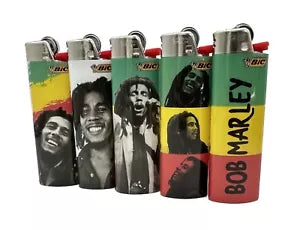 5 X Large BIC Lighters Multicoloured Bob Marley. Designs Selected Randomly Total of 5 Lighters