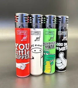 4 X Clipper Jet Lighters, Aussie Quotes. Windproof Refillable. Total 4 Lighters