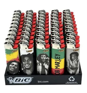 One Pack of 50 X Large Bic Lighters Maxi Multi Coloured Bob Marley Design